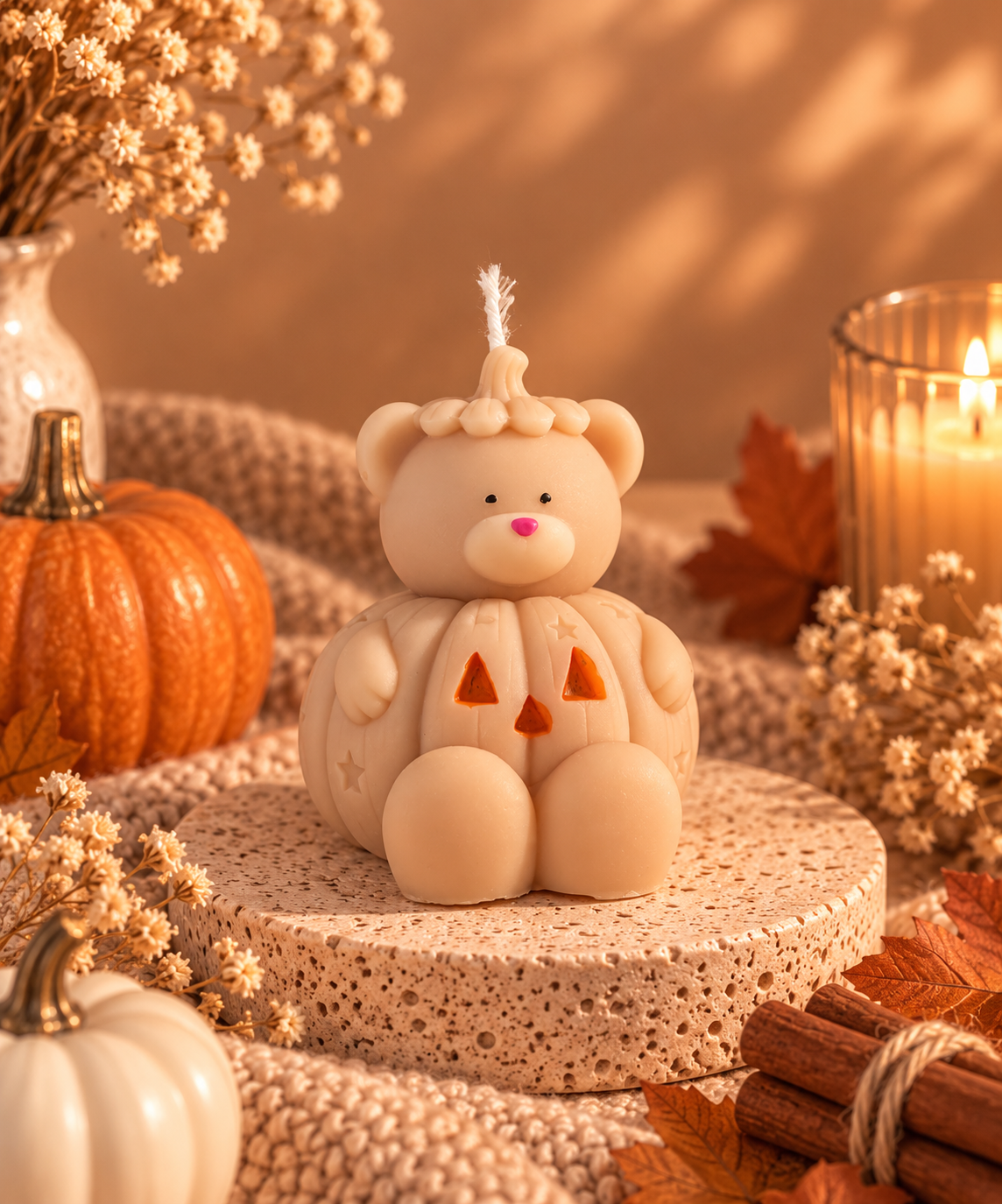 🧸 Bougie Ours Citrouille – Parfum Vanille