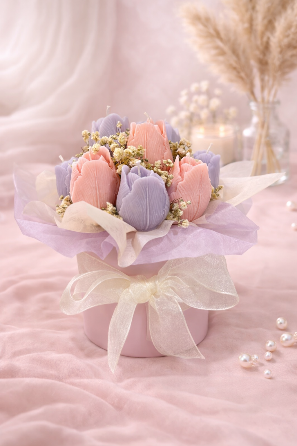 Pot de 12 bougies tulipes - Parfum vanille